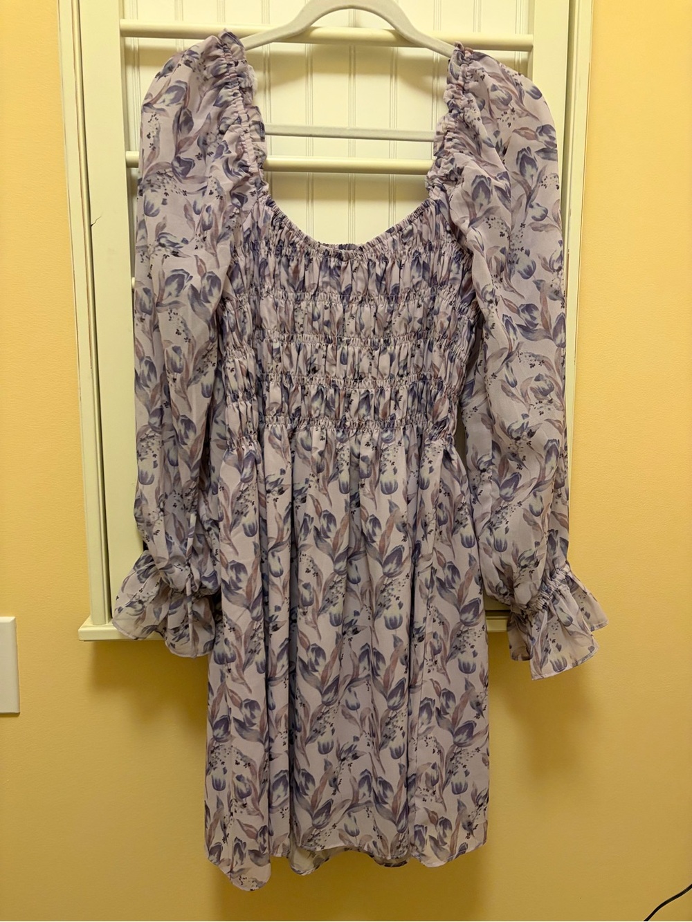 Lavender Floral Smocked Long-Sleeve Dress
